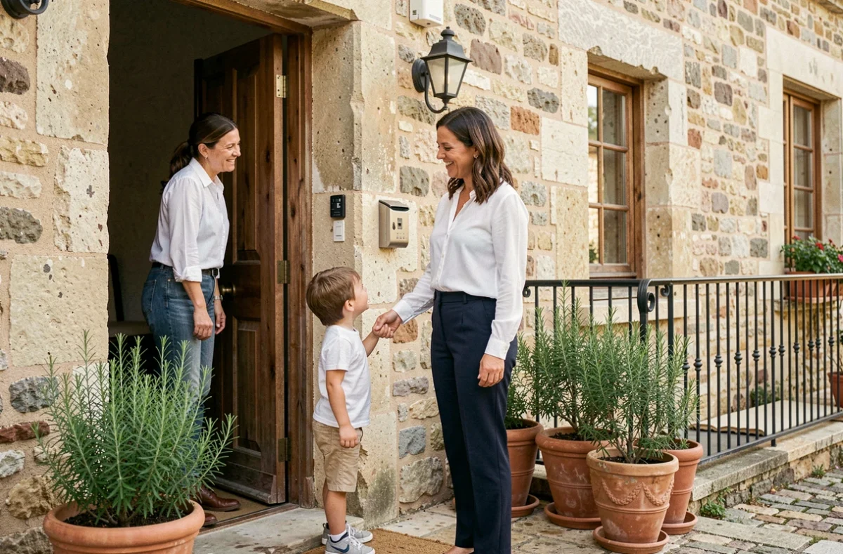 Une baby-sitter professionnelle de MaryPop accueille chaleureusement un enfant à l'entrée d'une maison en pierre typique du Languedoc en Occitanie