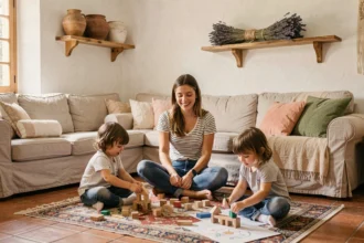 Une baby-sitter souriante joue avec plusieurs enfants dans un salon chaleureux de style occitan, illustrant le thème des agences de baby-sitting en Occitanie