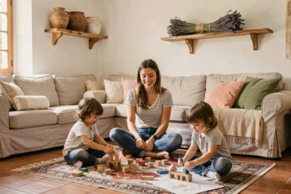 Une baby-sitter souriante joue avec plusieurs enfants dans un salon chaleureux de style occitan, illustrant le thème des agences de baby-sitting en Occitanie