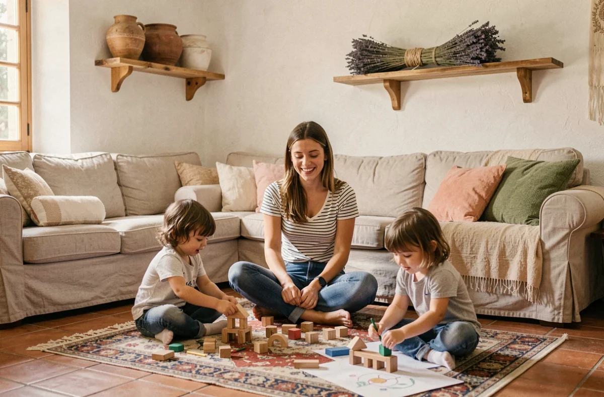 Une baby-sitter souriante joue avec plusieurs enfants dans un salon chaleureux de style occitan, illustrant le thème des agences de baby-sitting en Occitanie