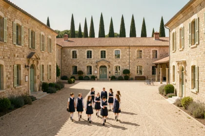 Cour d'une école privée dans l'Hérault avec des élèves en uniforme marchant entre des bâtiments aux façades en pierre et toits en tuiles méditerranéennes