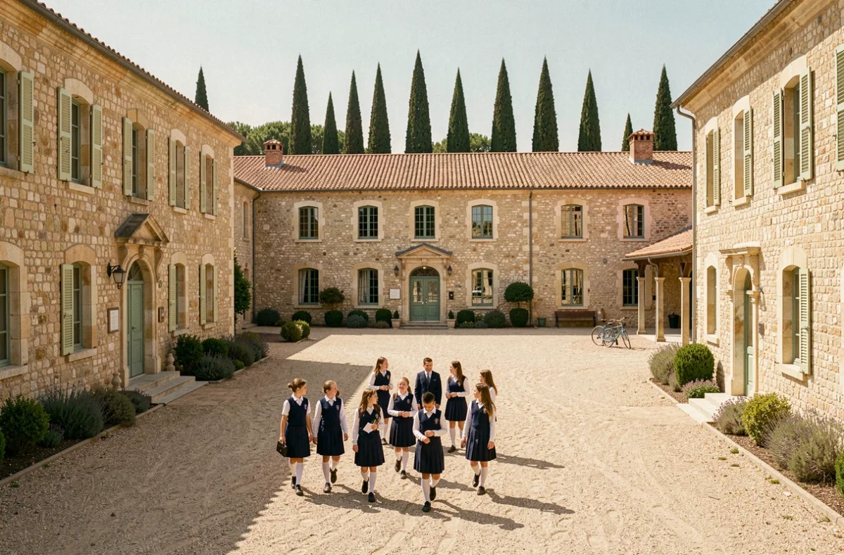 Cour d'une école privée dans l'Hérault avec des élèves en uniforme marchant entre des bâtiments aux façades en pierre et toits en tuiles méditerranéennes