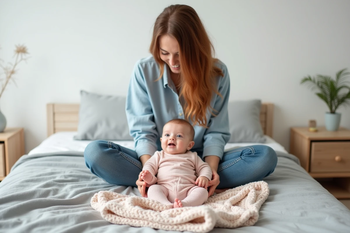Mère assise sur un lit jouant avec son bébé posé sur une couverture tricotée, ambiance domestique authentique et apaisante