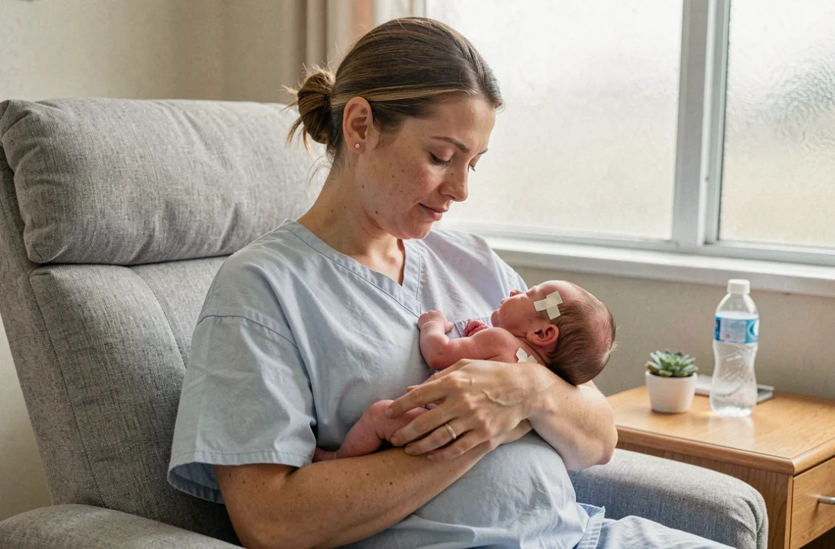 Mère pratiquant le peau à peau avec son bébé prématuré de 3 mois dans une chambre de néonatologie