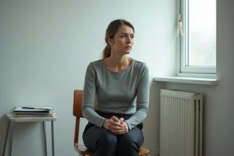 Femme assise seule dans une salle de consultation, mains jointes, exprimant une anxiété discrète lors d'une procédure judiciaire de garde