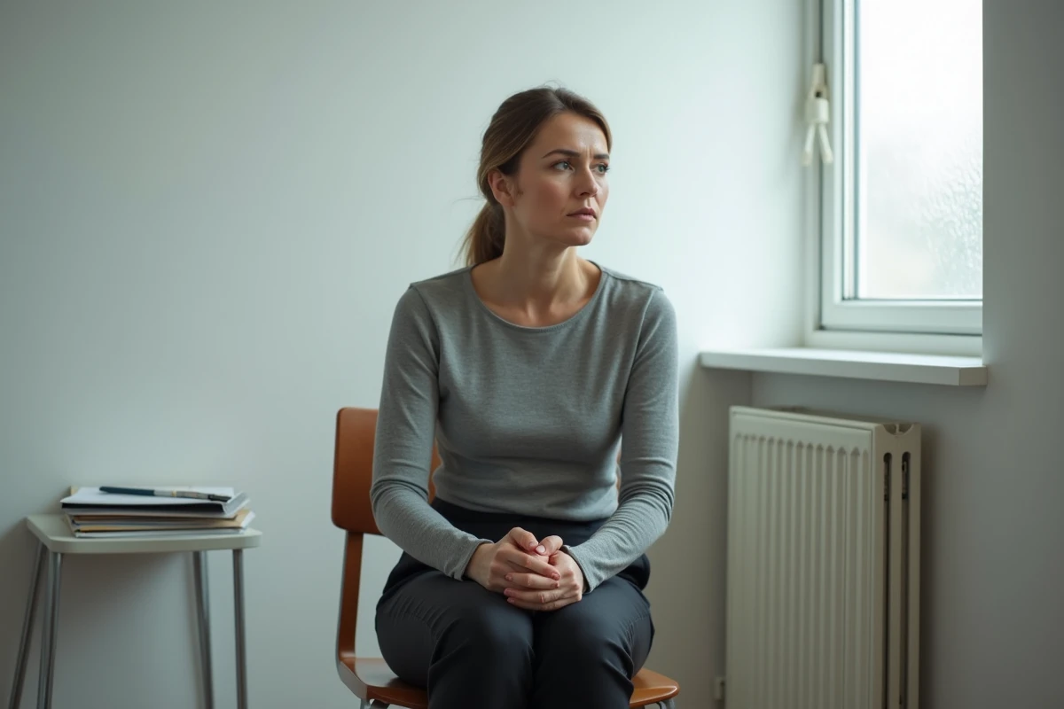 Femme assise seule dans une salle de consultation, mains jointes, exprimant une anxiété discrète lors d'une procédure judiciaire de garde