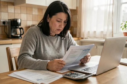 Mère de famille consultant ses documents fiscaux et frais de cantine scolaire à la table de la cuisine