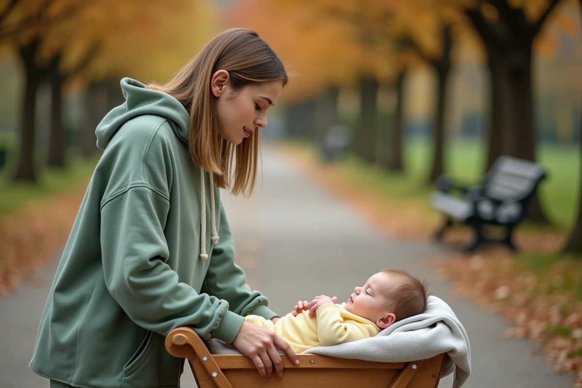 Jeune femme penchée sur un landau dans un parc urbain en automne, arrangeant la couverture de son bébé endormi avec tendresse