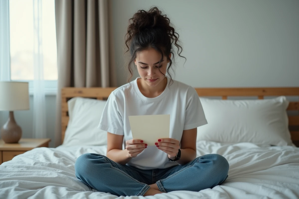 Jeune mère émue tenant une lettre manuscrite contre son cœur, assise sur un lit blanc, illustrant la puissance des mots d'amour maternel