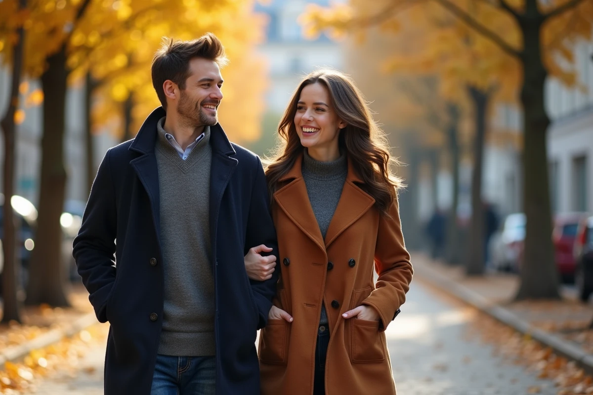 Couple se promenant sur une rue pav&eacute;e en automne, illustrant les rumeurs sur la vie amoureuse et le mari de No&eacute;mie Wira