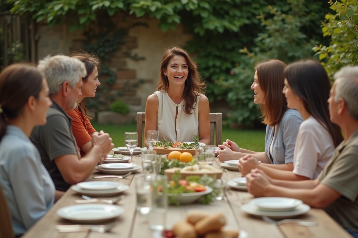 R&eacute;union de famille d&eacute;tendue autour d'une table dans un jardin, &eacute;voquant la vie familiale et personnelle de No&eacute;mie Wira