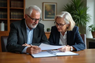 Un couple de professionnels examine un dossier dans un bureau notarial