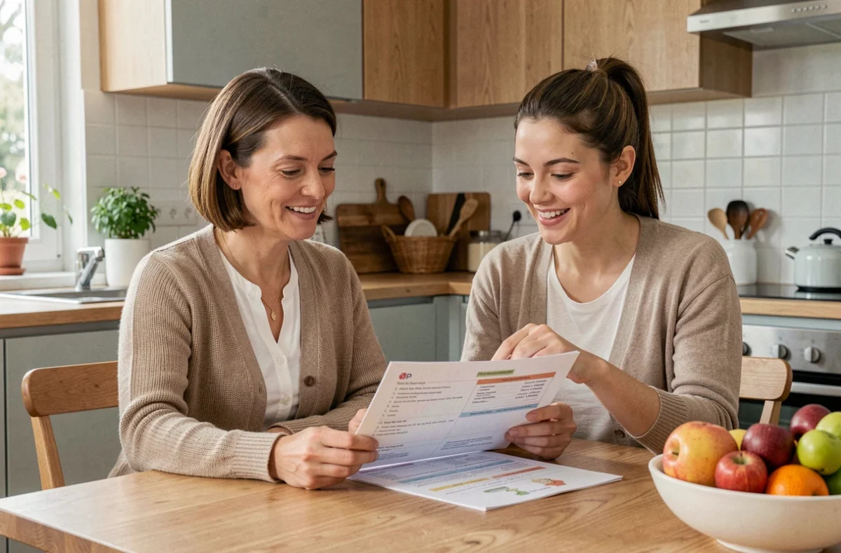 Une professionnelle de Nounou Expert (Oui Care) discute d'un plan de garde personnalisé avec une mère dans une cuisine familiale moderne