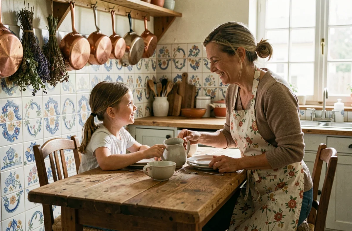 Une nourrice de Nounou-top aide une fillette à mettre la table dans une cuisine de style provençal traditionnelle, créant une ambiance familiale authentique