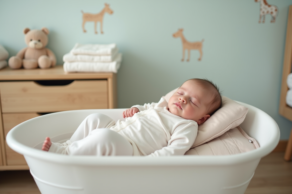 Bebe fille endormie dans un berceau blanc dans une chambre apaisante