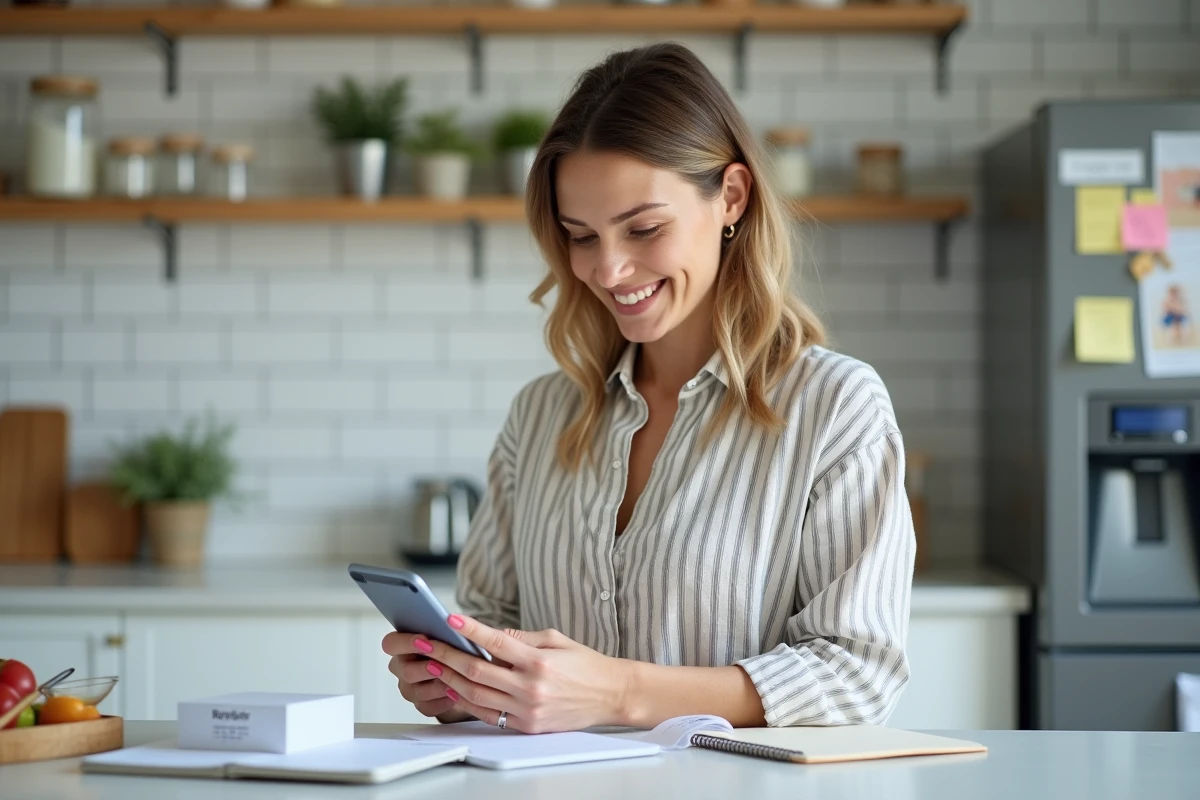 Femme organisant sa liste de naissance sur smartphone depuis sa cuisine avec des fiches produit