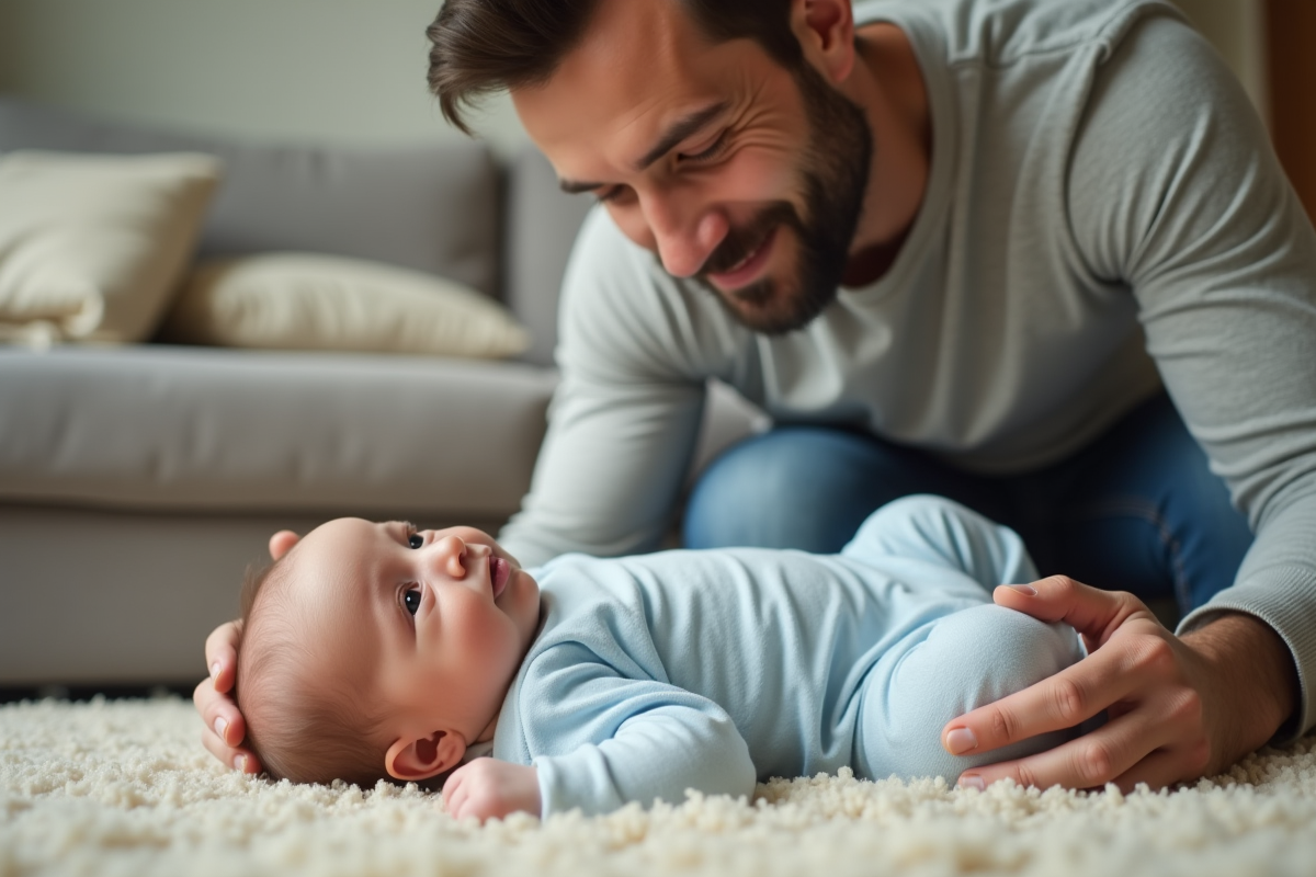 Pere tenant son bebe dans un salon chaleureux