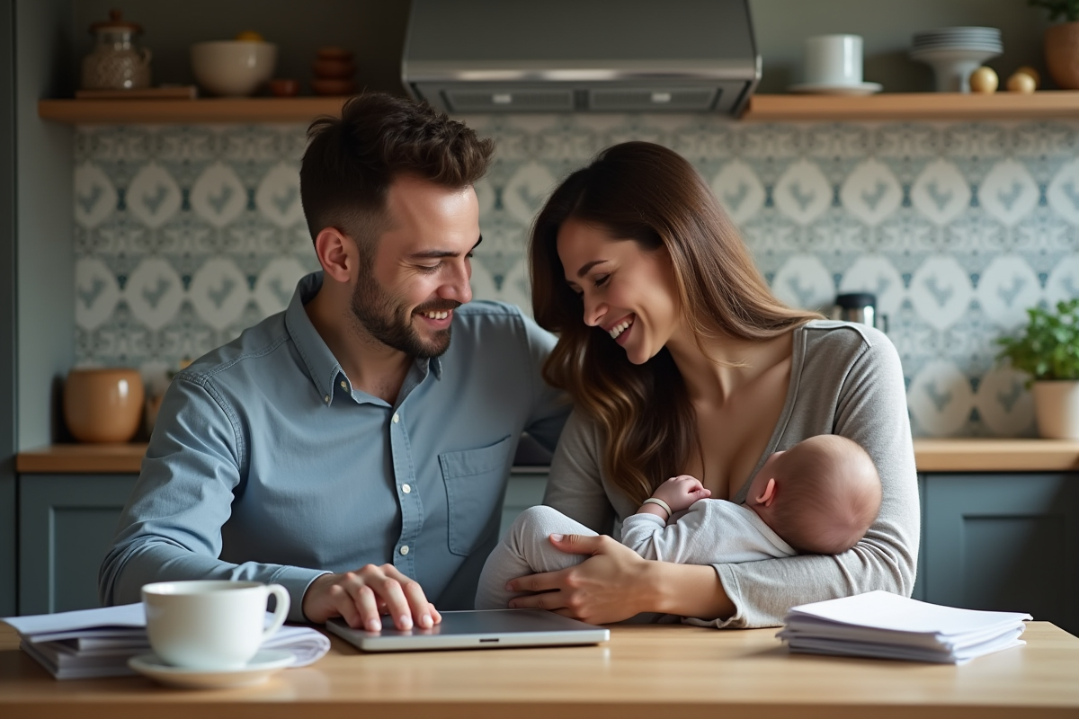 Père et mère avec bébé dans une cuisine chaleureuse