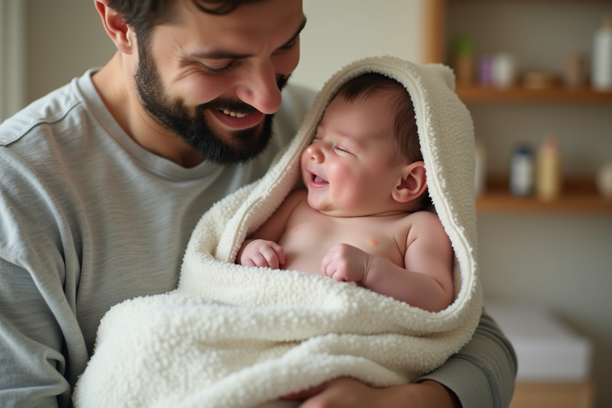 Père tenant sa fille après le bain dans la nurserie