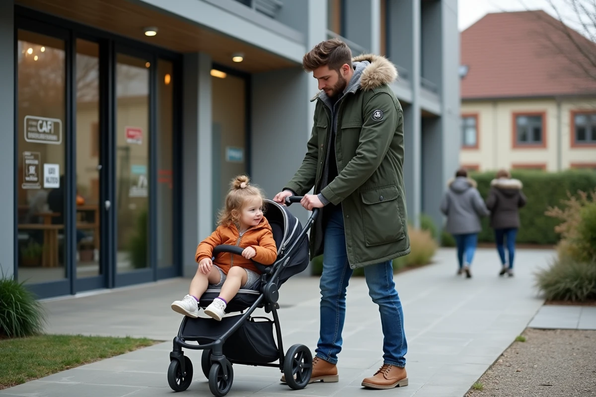 Père aidant sa fille à la poussette devant la crèche