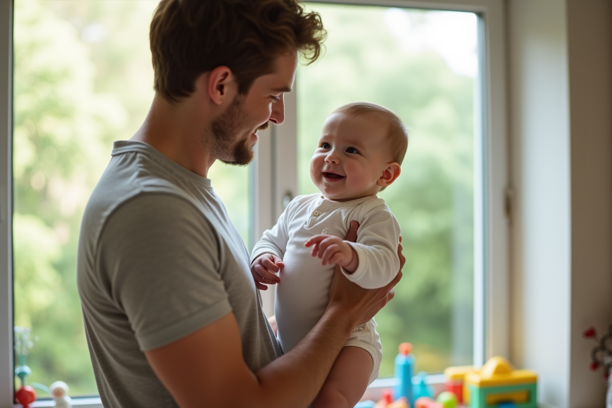 Père tenant son bébé souriant près d