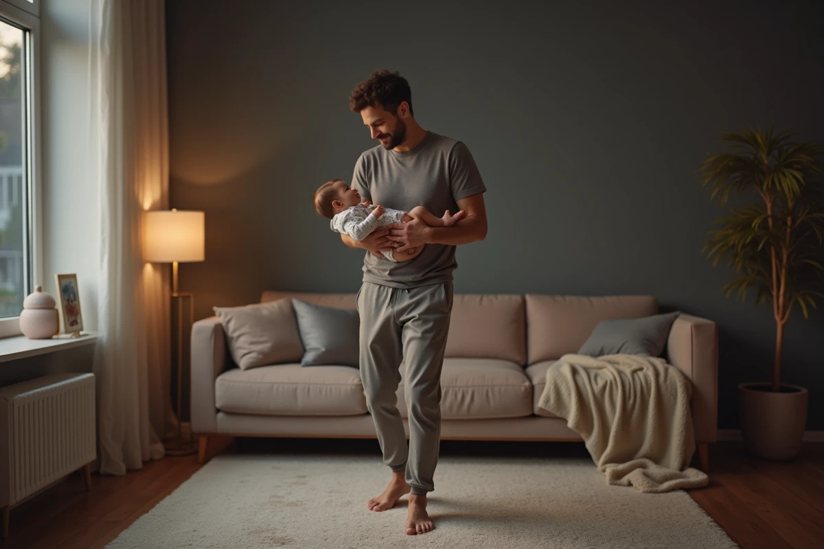 Père berçant doucement sa fille dans le salon