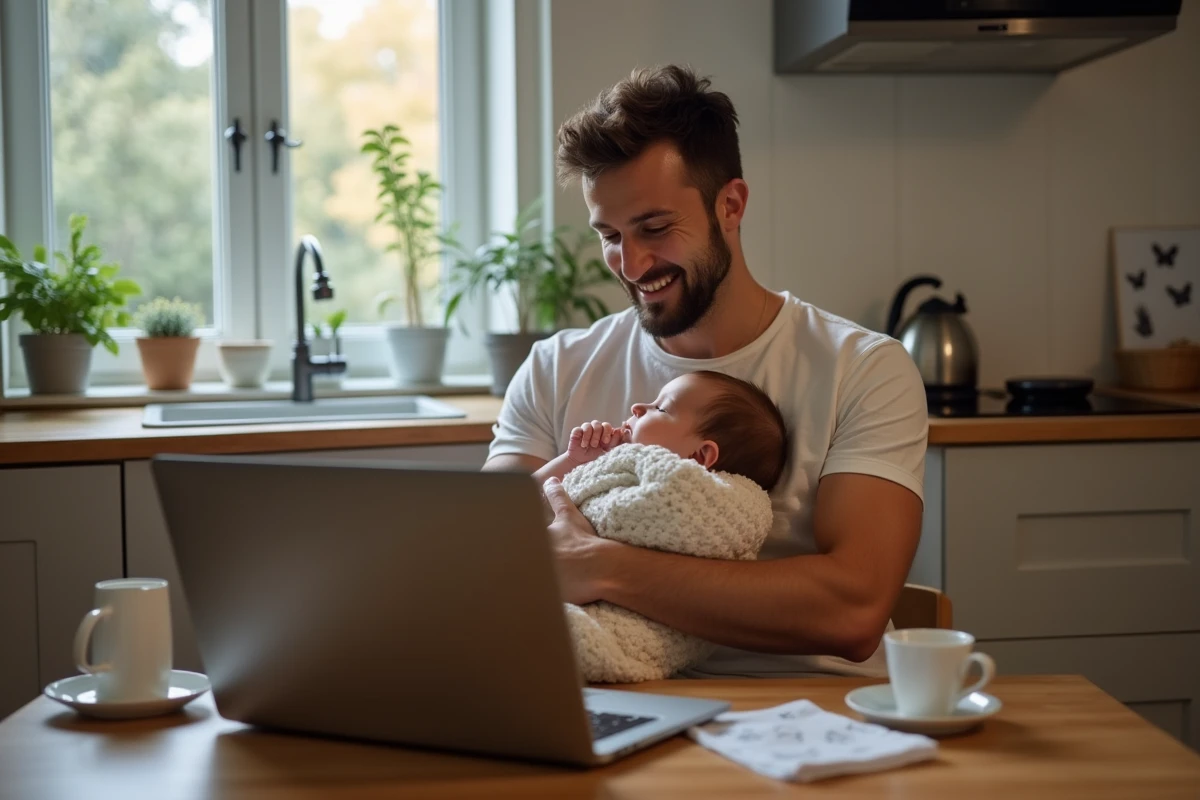 Papa donnant le biberon à sa fille dans la cuisine moderne