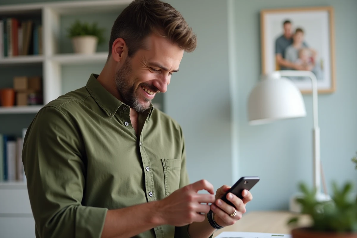 Papa concentré consultant un blog de parentalité sur son smartphone dans un bureau à domicile contemporain