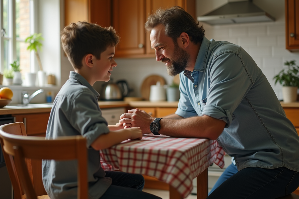 Père et enfant discutant à la table de cuisine