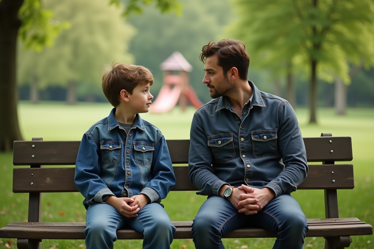 Père et son garçon parlent sur un banc dans un parc