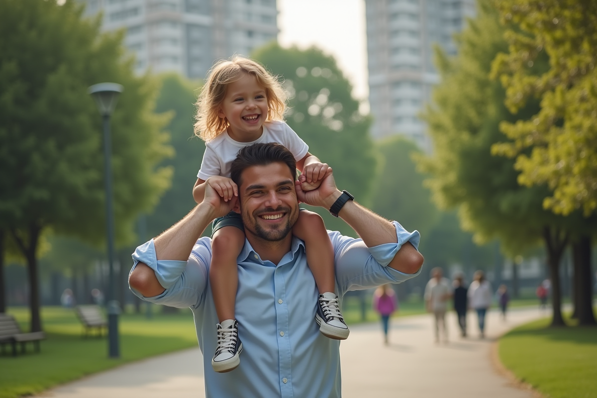 Père portant sa fille dans un parc urbain en fin de journée