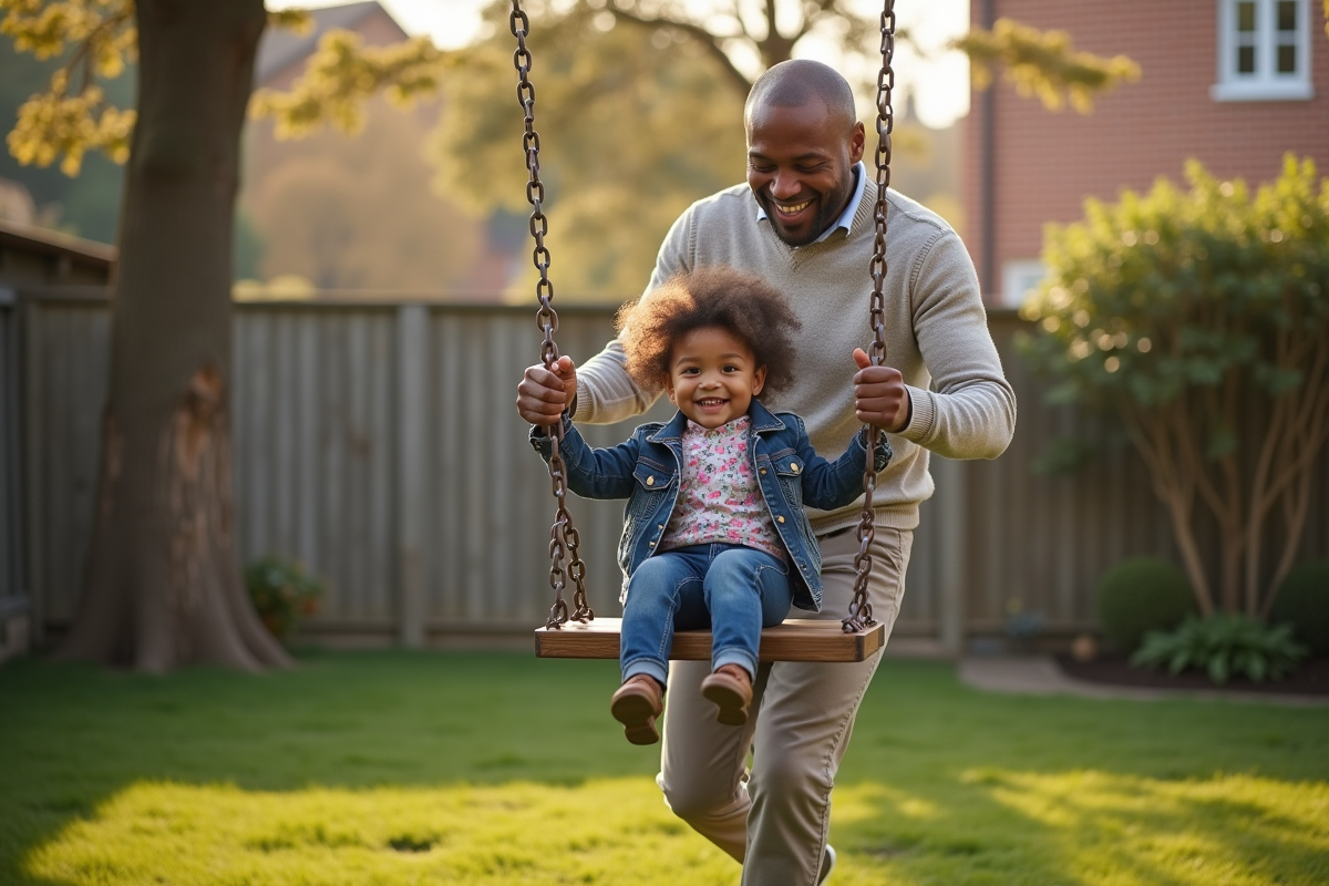 Papa pousse sa fille sur une balançoire dans le jardin