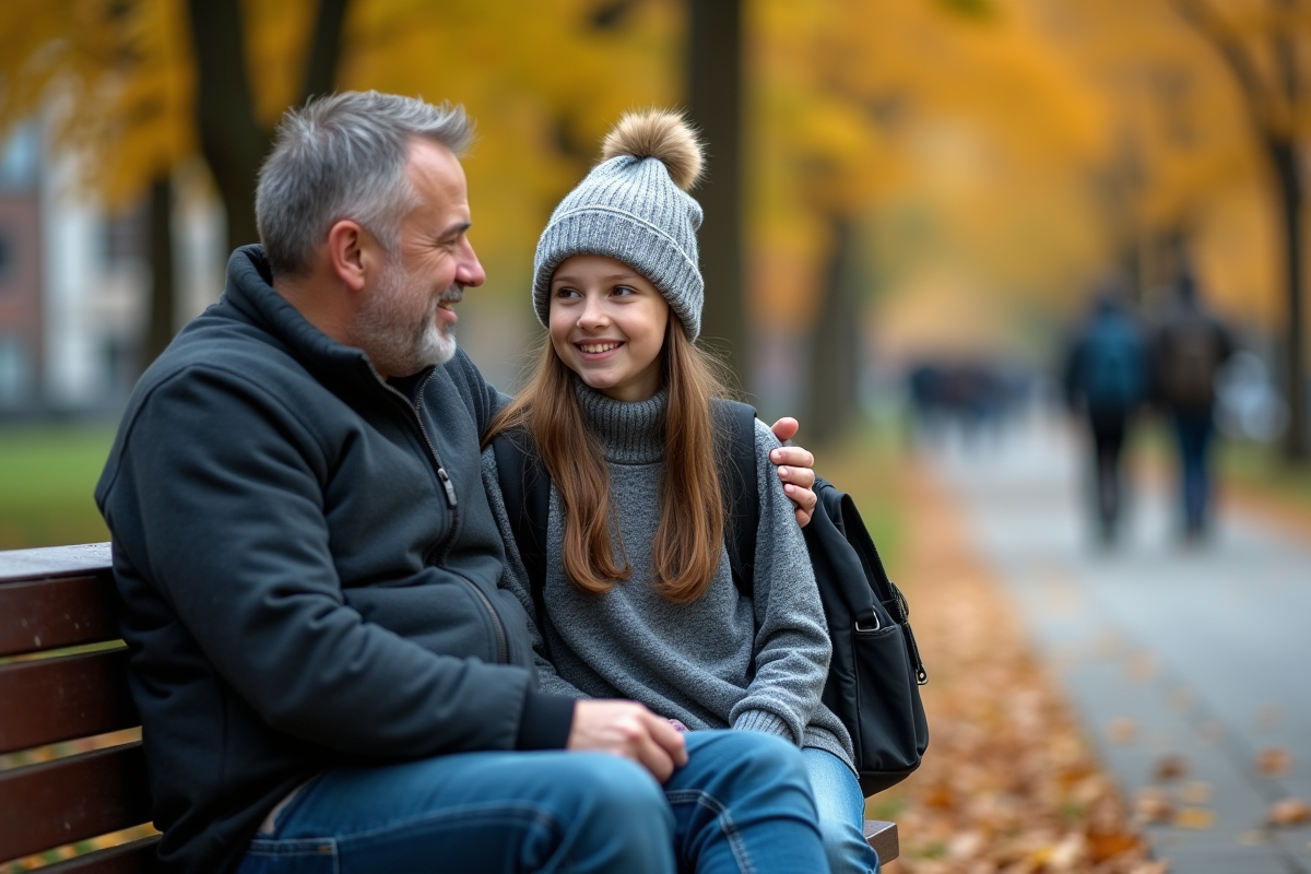 Père et fille discutent assis sur un banc dans un parc urbain