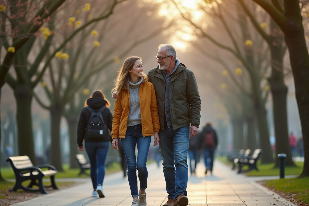 Père et fille discutant dans un parc urbain au printemps