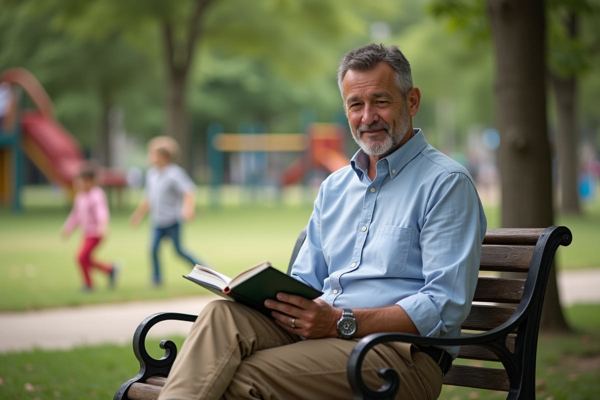 Pere en plein air qui écrit dans un parc avec enfants