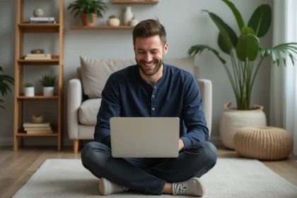 Papa dans la trentaine souriant en lisant un blog parental sur son ordinateur portable dans un salon familial chaleureux