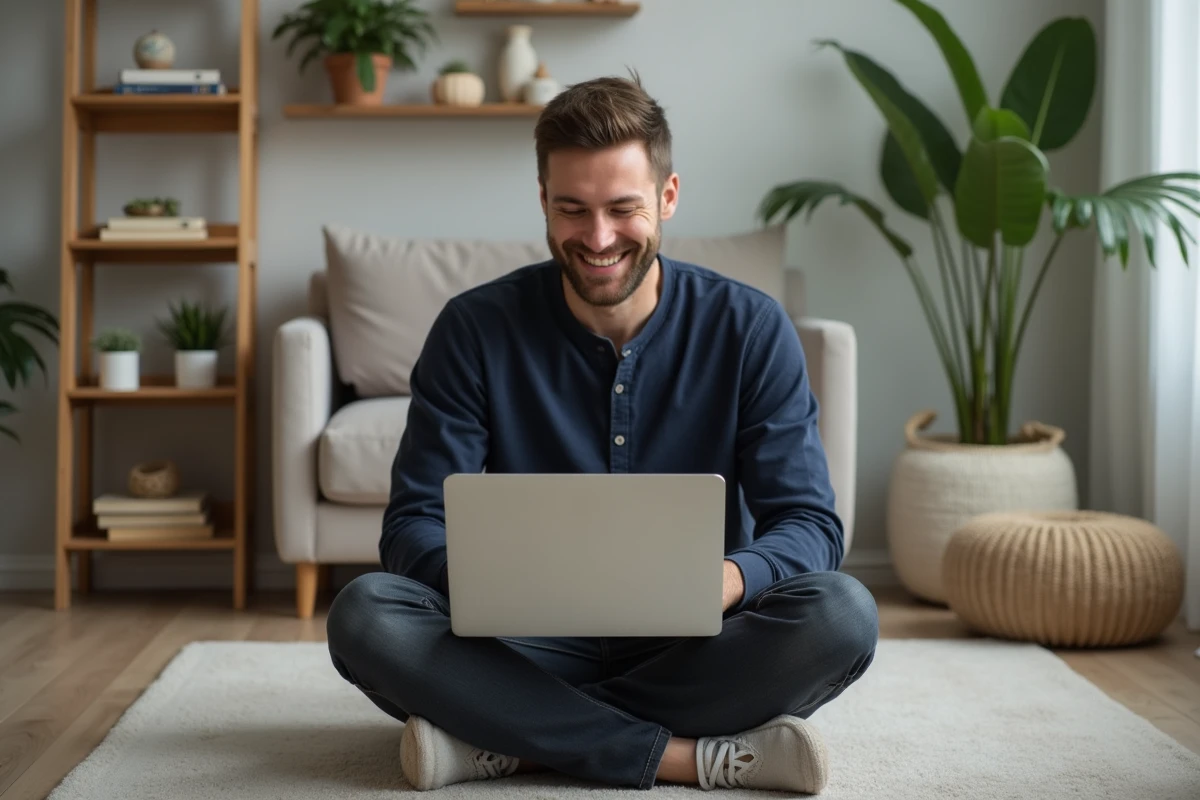 Papa dans la trentaine souriant en lisant un blog parental sur son ordinateur portable dans un salon familial chaleureux
