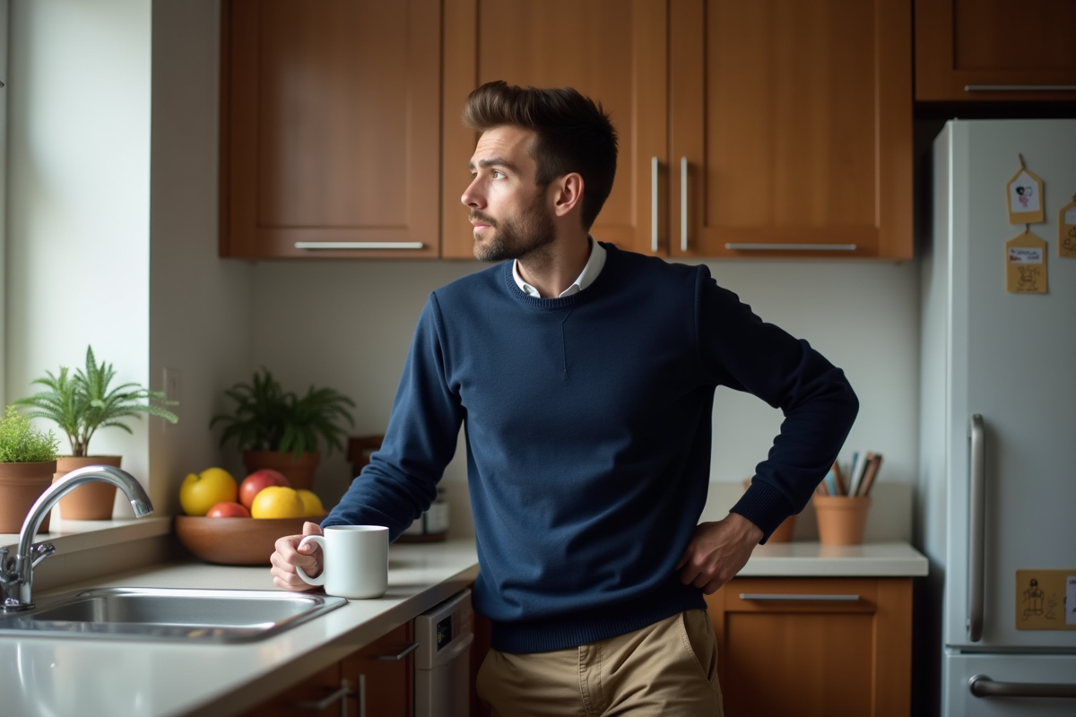 Pere penseur dans la cuisine avec tasse a la main