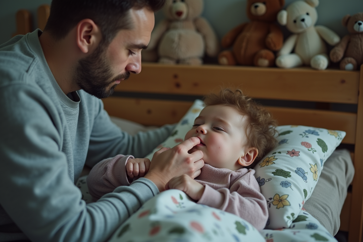 Père essuyant le nez de son enfant malade dans la chambre
