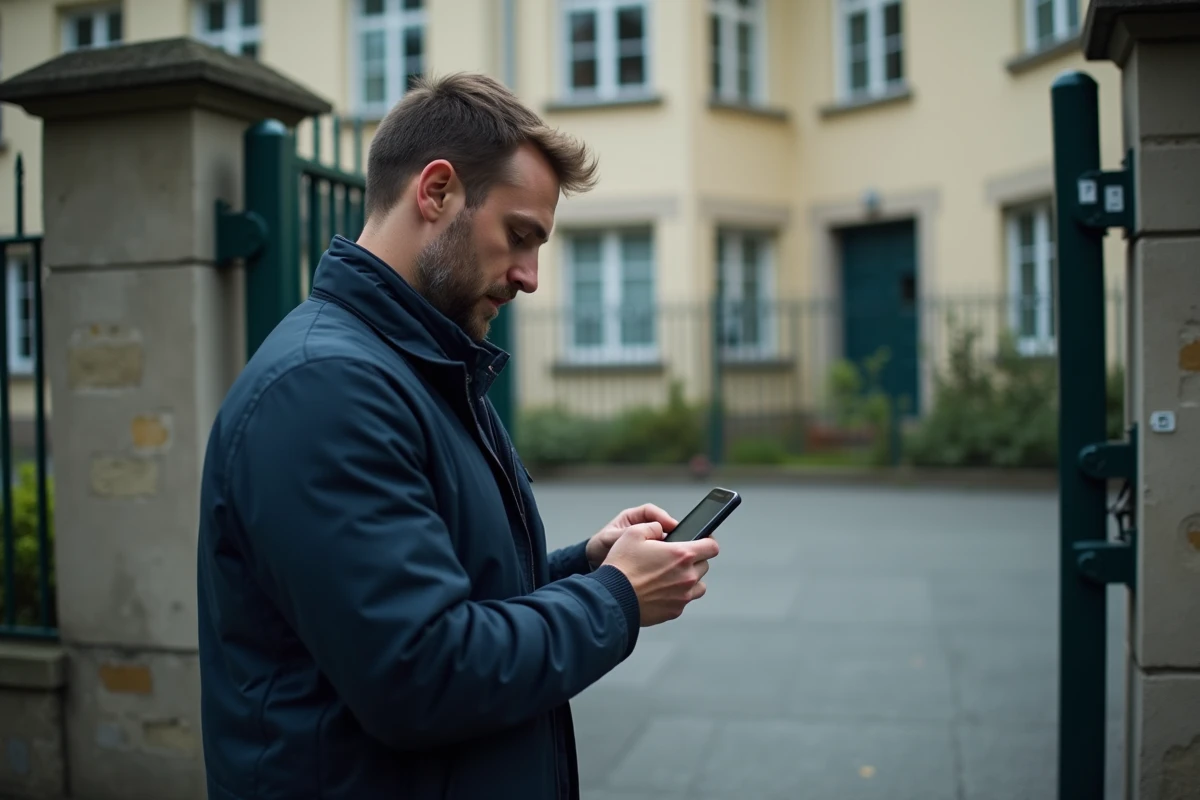 Parent consultant le portail famille de la ville de Meudon sur smartphone devant l'école pour les inscriptions périscolaires
