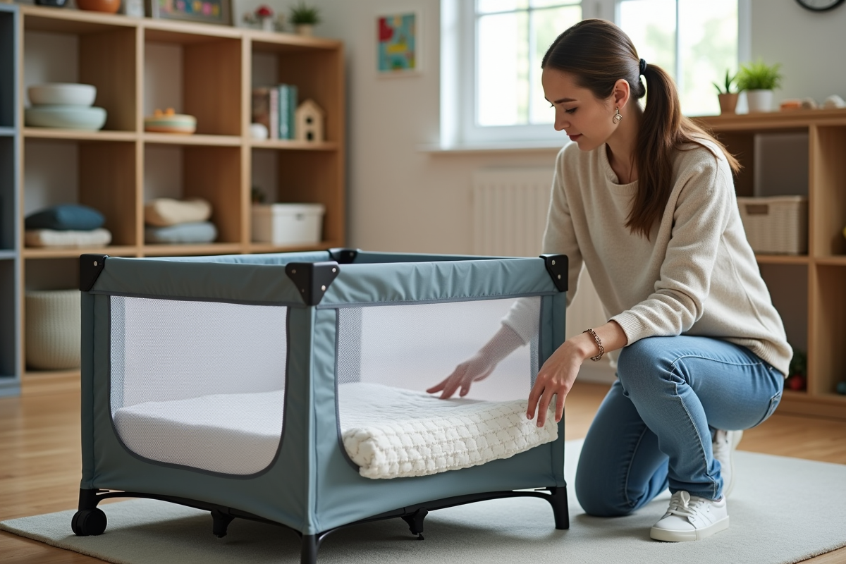 Parent vérifiant le matelas dans un lit de voyage en crèche