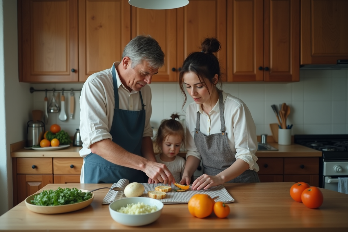 Parents épuisés préparant un repas avec enfants dans la cuisine
