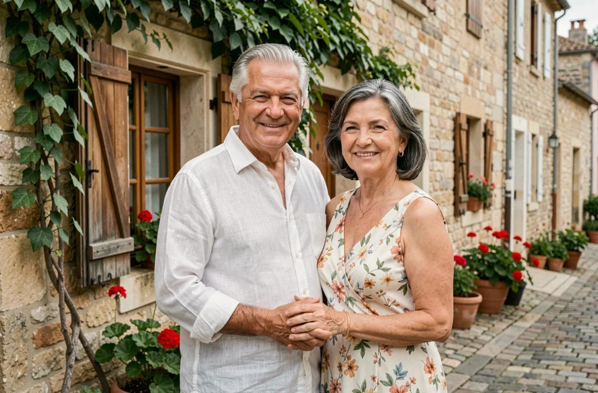 Couple de parents franco-méditerranéens devant une maison en pierre dans un village du sud de la France