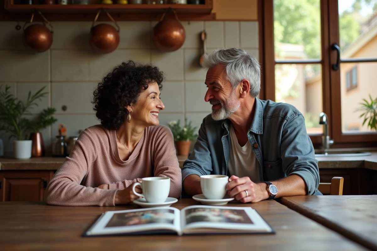 Couple de parents d'origine méditerranéenne feuilletant un album de famille autour d'une table de cuisine rustique