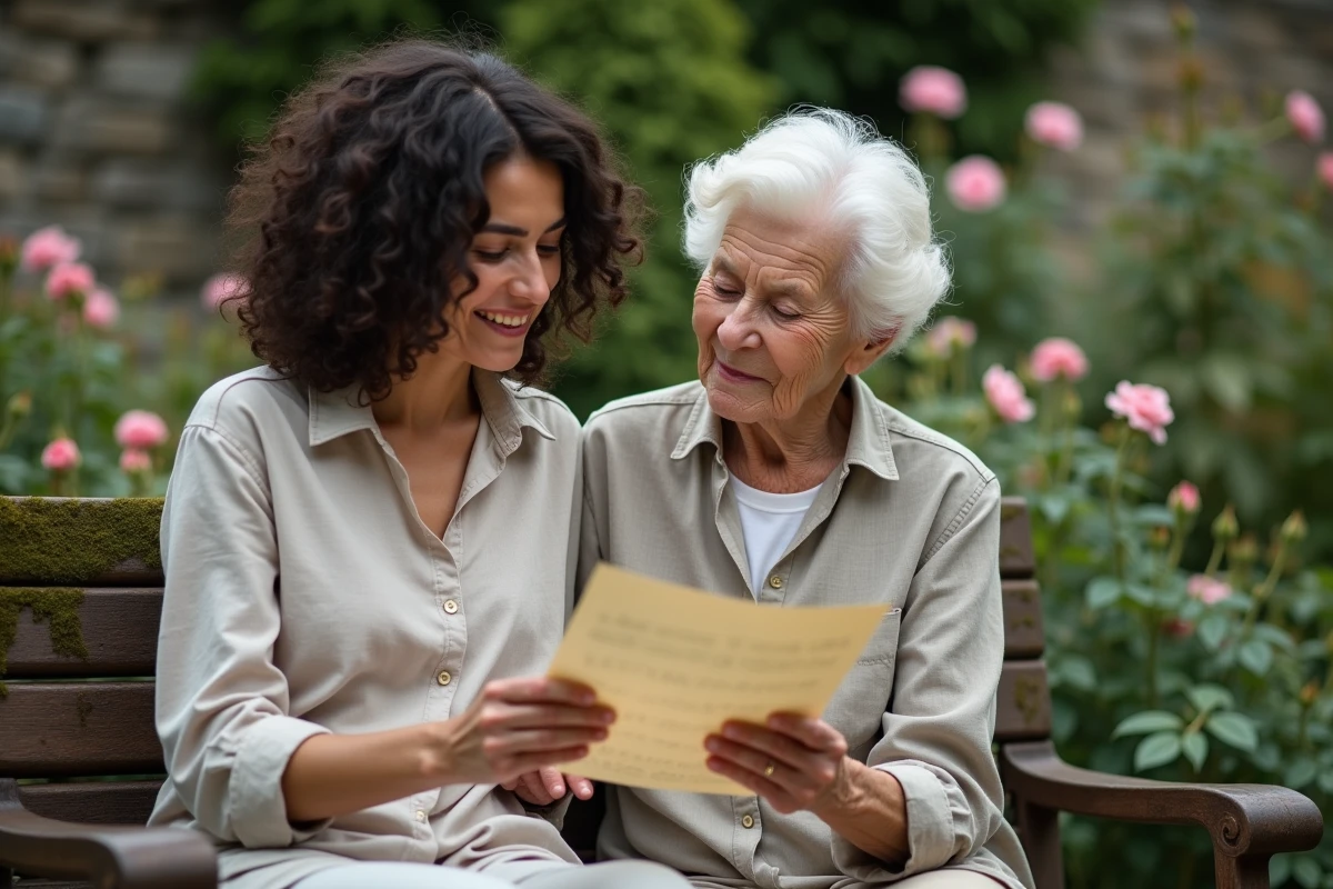 Petite-fille et grand-mère lisant ensemble une lettre manuscrite dans un jardin fleuri