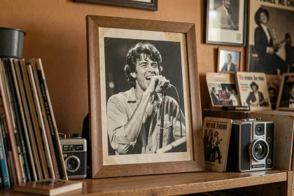 Photo encadrée vintage d'un chanteur des années 70 aux cheveux bouclés posée sur une étagère en bois avec des vinyles et des souvenirs
