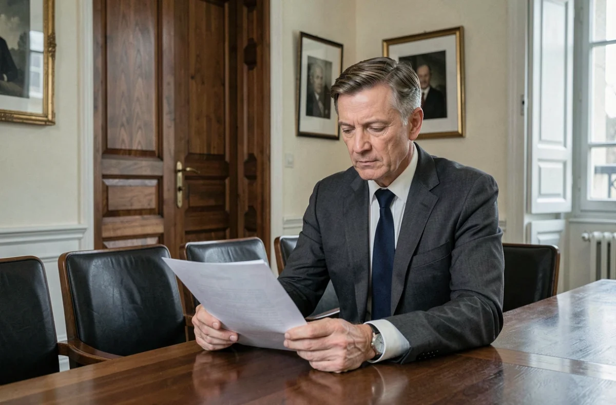 Professionnel français distingué dans la cinquantaine assis seul à une table de réunion parisienne, consultant des documents dans une atmosphère de sobriété et de pouvoir discret