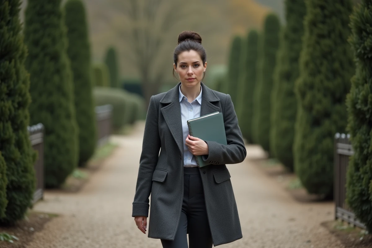 Femme déterminée traversant une allée de jardin privé en tenant un carnet fermé, symbolisant la protection de la vie privée et la discrétion publique