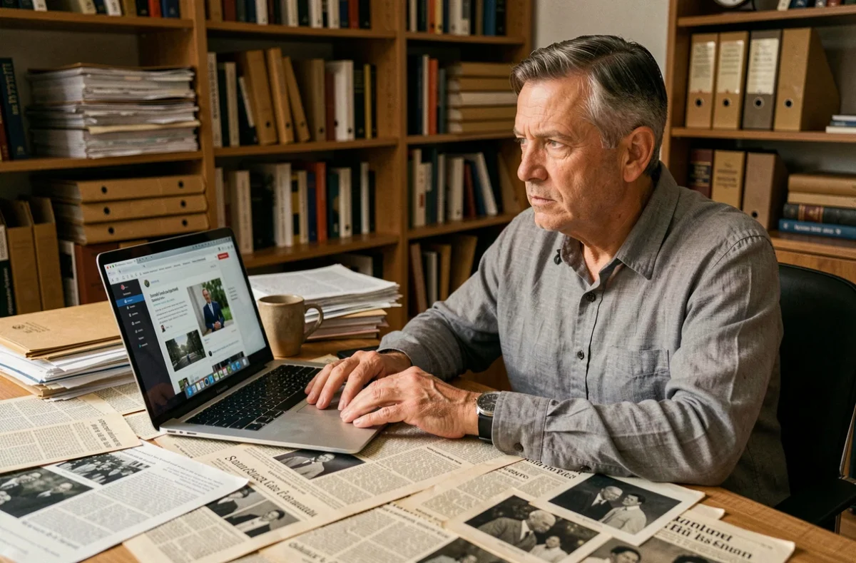Homme d'âge moyen effectuant des recherches sur son ordinateur portable entouré de coupures de journaux et de photos d'archives dans un bureau à domicile