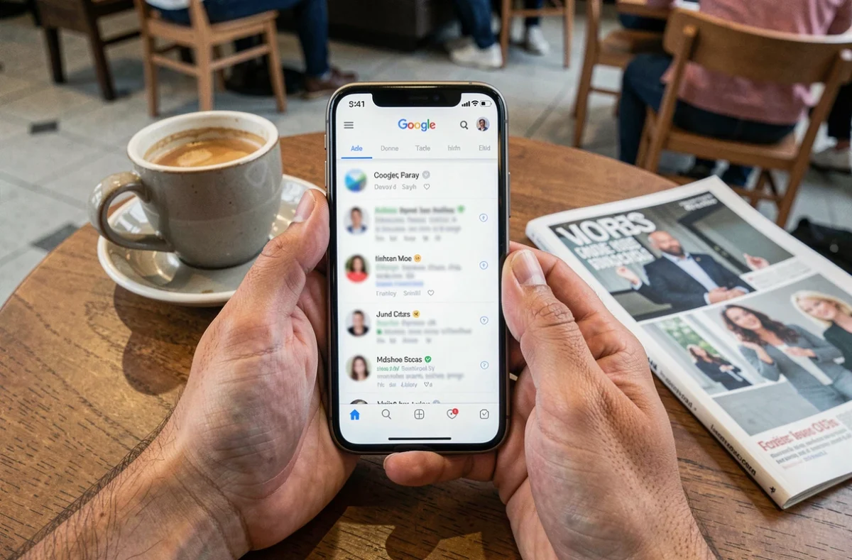 Mains tenant un smartphone affichant des résultats de recherche Google dans un café moderne avec une tasse d'expresso et un magazine